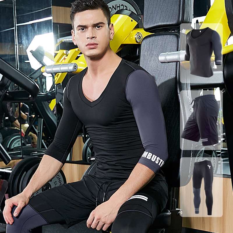 新款运动三件套装男高弹速干健身服训练跑步七分袖pro印花运动服|ruв категории спортивный костюм/досуг одежды, фитнес - одежды, спортивный костюм - от Buy2taobao.com для оказания профессиональной услуги покупки агента Taobao