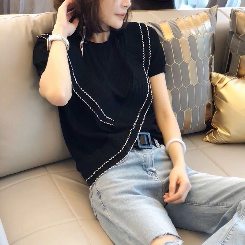 歐洲站2019夏裝新款歐貨女潮寬松百搭圓領拼接木耳邊冰麻針織上衣在類目 女裝/女士精品, 毛針織衫中 - 來自Buy2taobao.com提供專業的淘寶代購服務