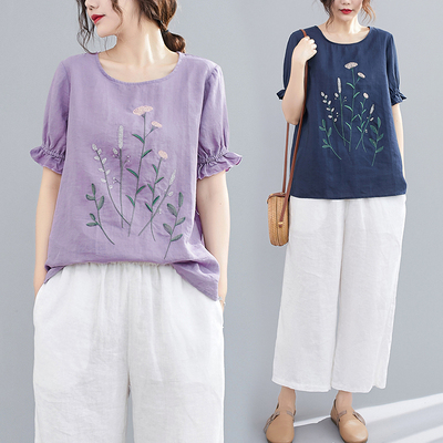 复古文艺棉麻刺绣短袖衬衫T恤2020夏季新款宽松大码亚麻衬衣上衣