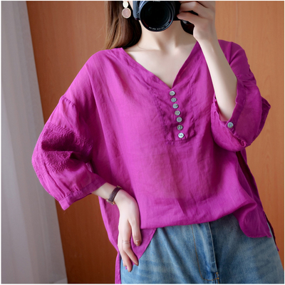 文艺棉麻衬衫宽松大码亚麻V领薄款中袖T恤女夏款新款苎麻刺绣上衣