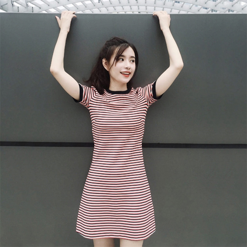 韓國專櫃2019夏季新款圓領簡約修身顯瘦大碼連衣裙彈力條紋裙子女在類目 女裝/女士精品, 大碼女裝中 - 來自Buy2taobao.com提供專業的淘寶代購服務