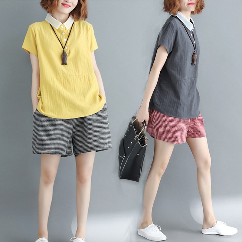 literature Easy Short sleeved Flax shirt 2018 summer new pattern Large Show thin Lapel Hit color Cotton and hemp jacketin the Women's clothing/Boutique , Large size women category - from Buy2taobao.com to provide professional Taobao agent buy service