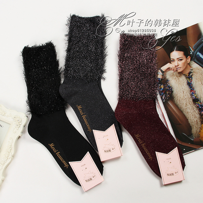 亮丝闪银袜子韩国REBORN女袜17秋冬季新款中筒袜毛绒流苏堆堆袜潮