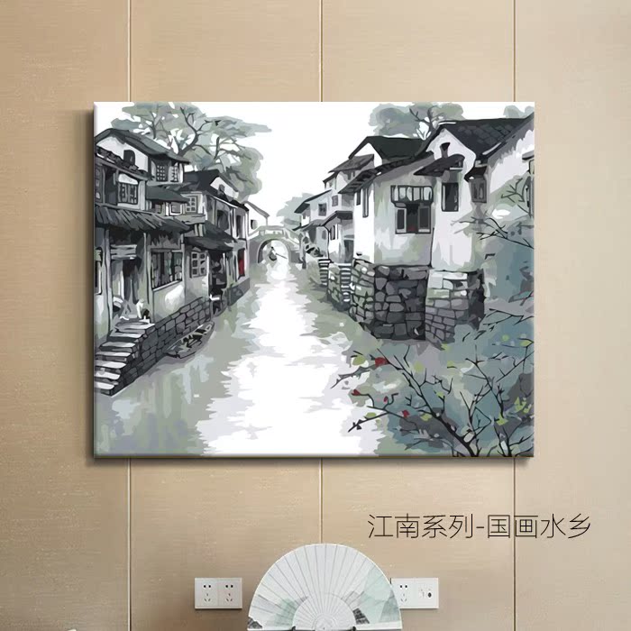 装饰DIY江南山水填色数字油画风景船水墨中国古风手绘油彩画客厅|ruв категории Домашний быт, декоративная живопись, DIY/цифровой живописи - от Buy2taobao.com для оказания профессиональной услуги покупки агента Taobao