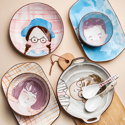 舍里创意一家四口陶瓷餐具套装饭碗菜盘常盘鱼盘儿童可爱餐具组合