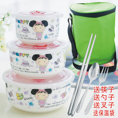 骨瓷保鲜碗微波炉冰箱适用陶瓷密封碗三件套装饭盒真空保鲜盒餐具