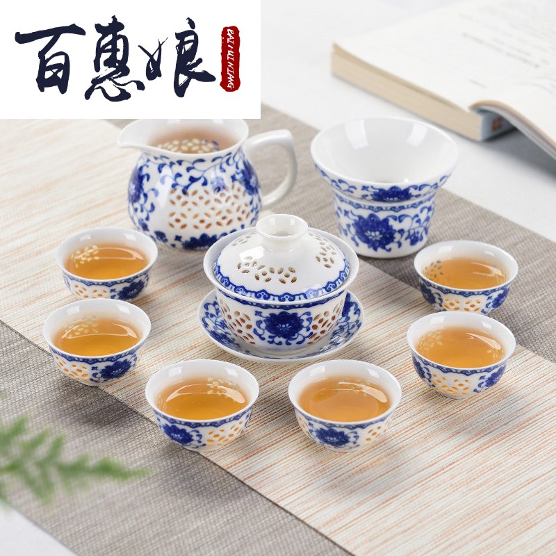 百惠娘 青花玲珑功夫茶具套装蜂窝镂空陶瓷茶壶茶杯简约家用泡茶|msdalam kategori pinggan mangkuk, set teh, Kung Fu teh - dari Buy2taobao.com untuk memberikan perkhidmatan ejen Taobao profesional membeli