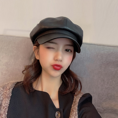 pu皮质八角帽子冬女秋韩版英伦日系鸭舌报童网红时尚贝雷假发帽