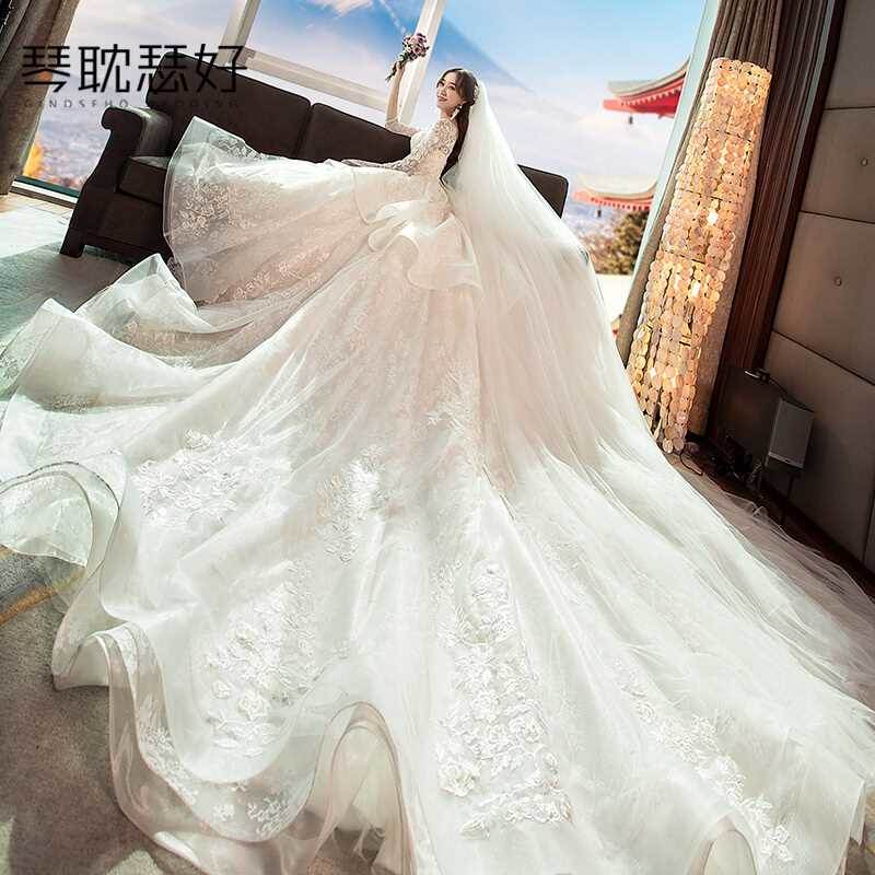 婚纱2018新款礼服新娘结婚拖尾公主梦幻星空赫本森系大码花瓣长袖在类目 女装/女士精品, 婚纱/旗袍/礼服, 婚纱中 - 来自Buy2taobao.com提供专业的淘宝代购服务