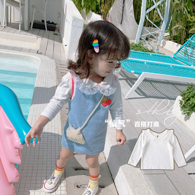 爱上靓妞 女童打底衫儿童纯棉长袖T恤宝宝洋气白色娃娃领打底体恤