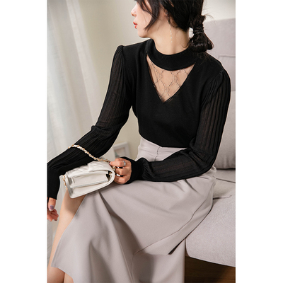 S15046田原~柔在质感~媚在身上~美丽奴羊毛领口镂空针织打底T恤衫