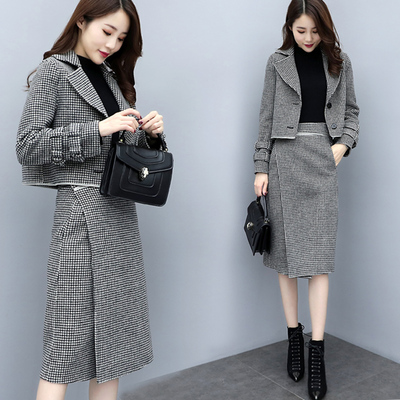 毛呢套装女秋冬2019新款时尚两件套裙洋气中长款千鸟格呢大衣外套