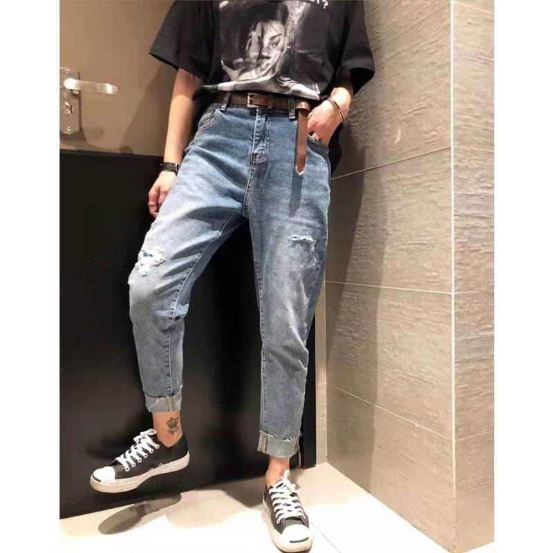 歐港風洋氣卷邊破洞牛仔褲女寬松九分褲春夏高腰顯瘦小腳哈倫垮褲在類目 女裝/女士精品, 牛仔褲中 - 來自Buy2taobao.com提供專業的淘寶代購服務