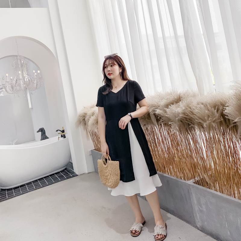 采多宝大码女装胖妹妹2019年夏装新款不规则撞色连衣裙Q0291开叉在类目 女装/女士精品, 大码女装中 - 来自Buy2taobao.com提供专业的淘宝代购服务