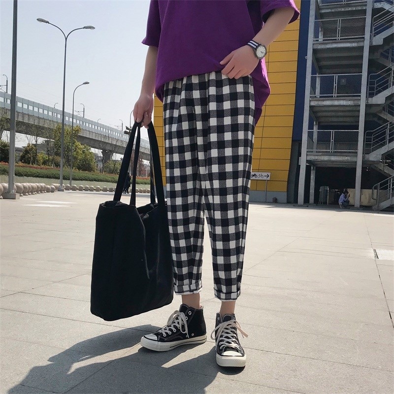 Harbor Wind INS Ultra-fire Autumn Retro black and white lattice Ninth pants Korean Edition Easy Straight Casual pants Haren pantsin the Men's clothing, Casual pants category - from Buy2taobao.com to provide professional Taobao agent buy service