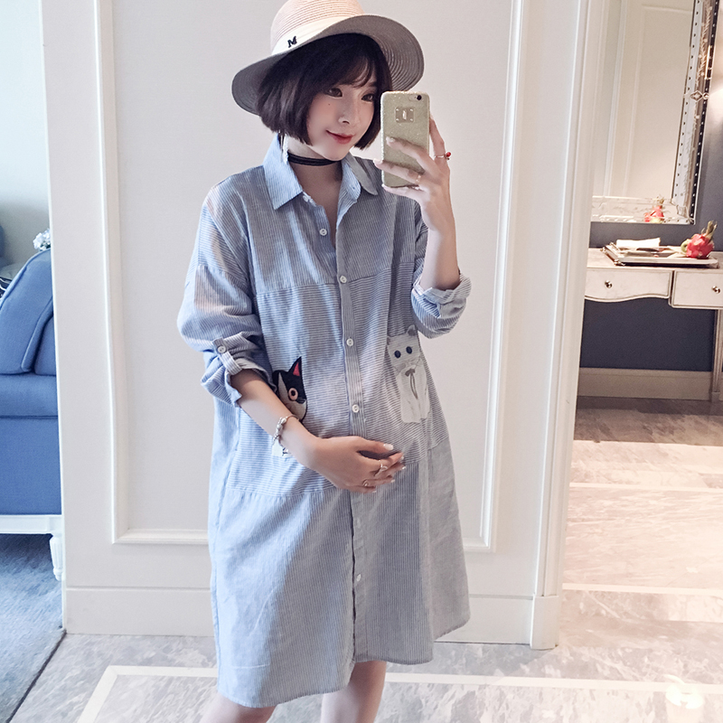 2019孕妇装春装新款条纹卡通孕妇衬衣中长款宽松时尚孕妇连衣裙潮|ruв категории Всё для беременных и кормящих, материнство, платье - от Buy2taobao.com для оказания профессиональной услуги покупки агента Taobao