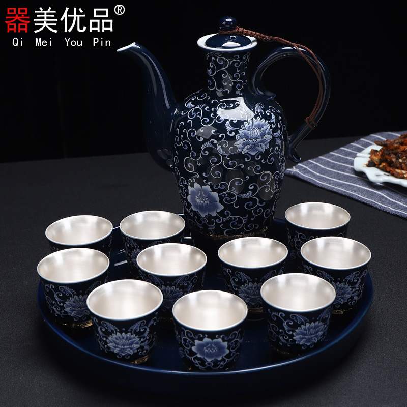 纯银鎏银酒具套装 青花瓷酒壶烈酒杯酒盅高脚杯|ruв категории посуда, до дна/бокал/вино, бокал - от Buy2taobao.com для оказания профессиональной услуги покупки агента Taobao