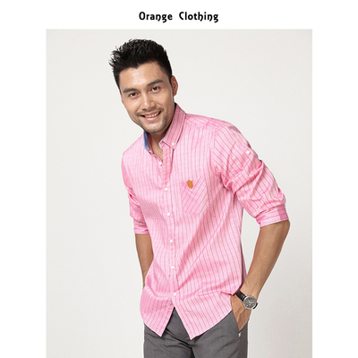 橙子 夏季男士七分袖衬衫休闲衬衣全棉青年修身纯色格子条纹寸衫