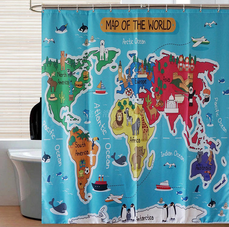 Cartoon Animal World Map Digital Printing Polyester fabric waterproof Antifungal Curtain fabric keep warm Quick drying Lead wirein the Family/Personal Cleaning Tools , Sanitary appliances/Bathroom accessories , Shower Curtains category - from Buy2taobao.com to provide professional Taobao agent buy service