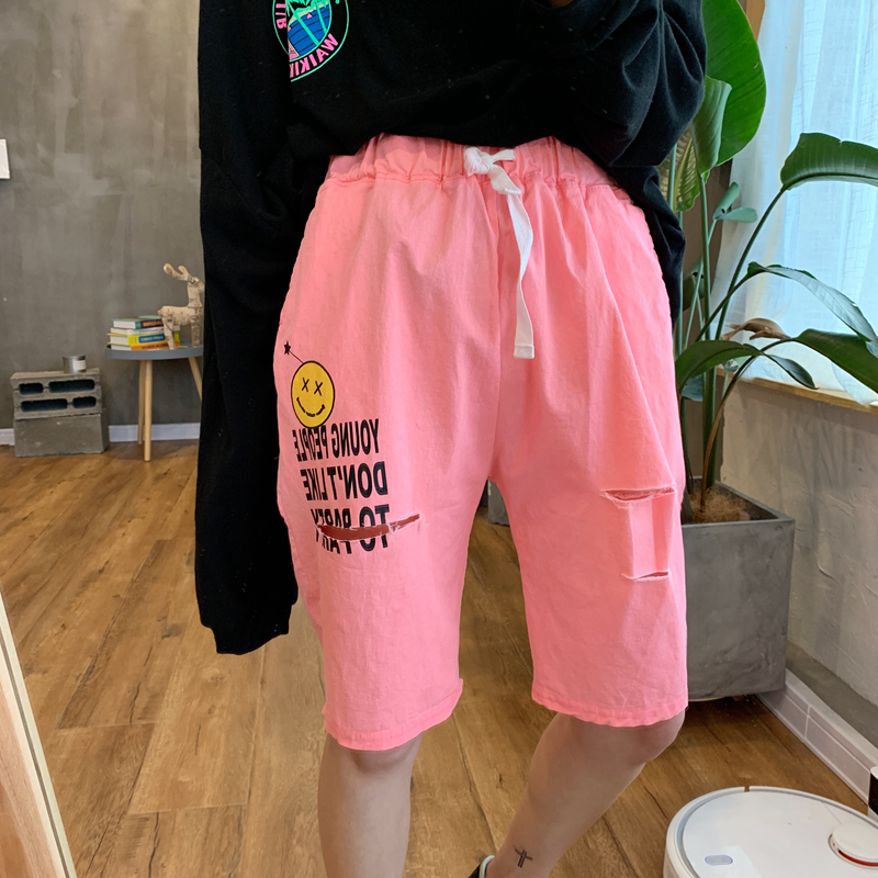 特Hamo韩国东大门代购19夏新潮款笑脸字母破洞荧光色休闲五分裤女|ruв категории Женская одежда, брюки, брюки - от Buy2taobao.com для оказания профессиональной услуги покупки агента Taobao