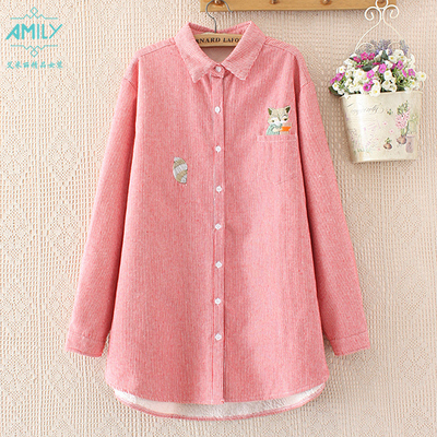 17秋冬新款条纹衬衫女宽松大码胖mm加绒加厚中长款衬衣200斤上衣