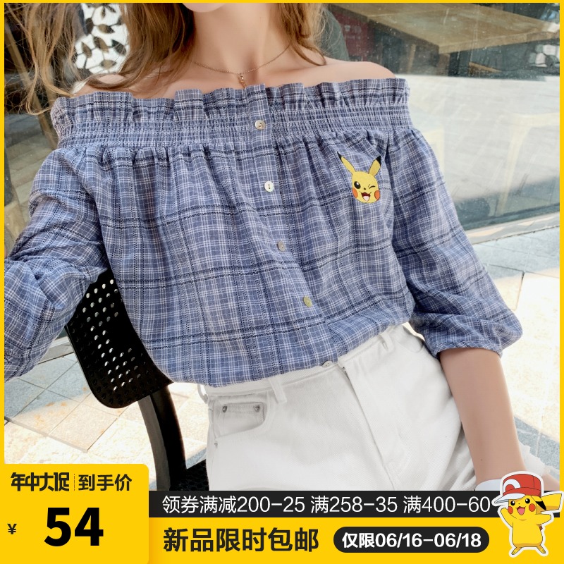 皮卡丘联名款 MG小象宽松一字肩衬衫女新款夏季性感露肩格子上衣|msdalam kategori Butik wanita / wanita, shirt - dari Buy2taobao.com untuk memberikan perkhidmatan ejen Taobao profesional membeli