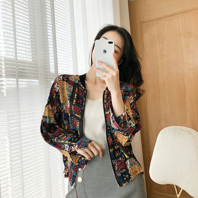 び 欧美街头风~炫彩印花 真丝双绉宽松棒球服 短外套 女 807U011