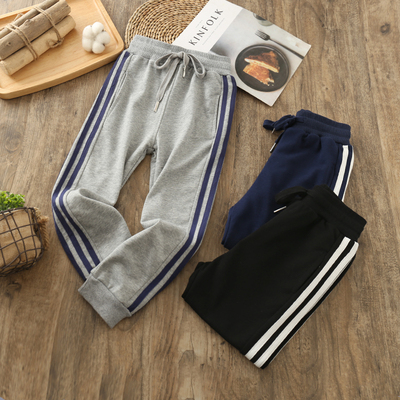 男女儿童装棉毛圈运动裤三白拉条束口卫裤休闲长裤子春秋款2020新