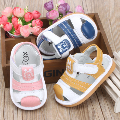 夏季新款1-3岁皮面男女童婴幼儿学步鞋牛筋防滑软底卡通宝宝凉鞋2