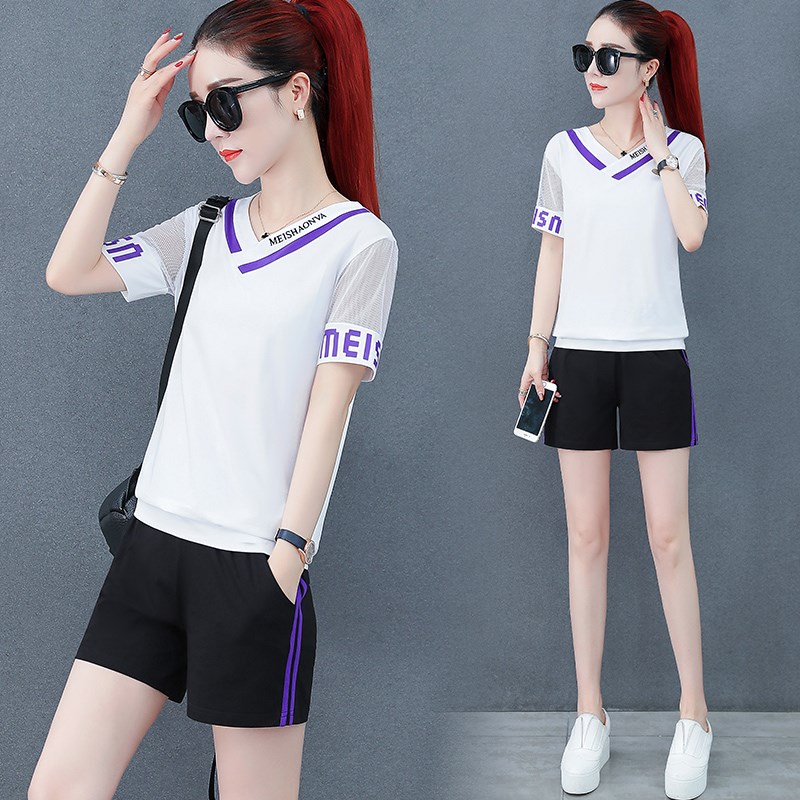 Hong Kong Style authentic goods 2019 new pattern summer leisure time Two piece set Short sleeved shorts fashion V-neck Show thin motion suitin the Women's clothing/Boutique , Set/Student uniforms/Work uniforms , Leisure sports suit category - from Buy2taobao.com to provide professional Taobao agent buy service