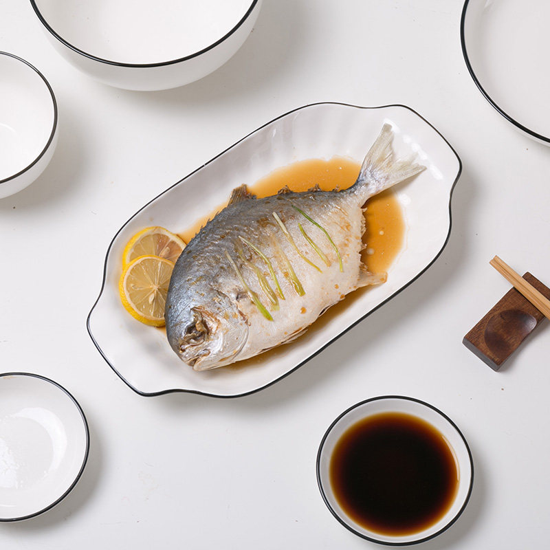 居家家欧式黑线陶瓷鱼盘子家用长方形水果盘创意大号菜盘子蒸鱼盘