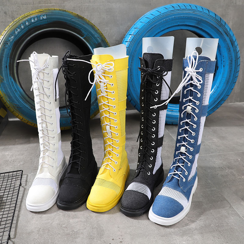 2019 summer new pattern Korean Edition Boots High cylinder Gaobang canvas Mesh ventilation Lace-Up Boots Riding boots Women's Shoesin the Women's Shoes, Boots category - from Buy2taobao.com to provide professional Taobao agent buy service