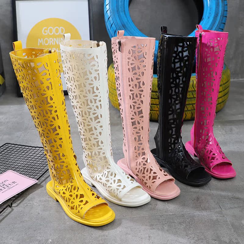2019 summer new pattern Korean Edition Hollow Flower ventilation Toe pinkycolor High cylinder Boots Gaobang Riding boots Women's Shoesin the Women's Shoes, Boots category - from Buy2taobao.com to provide professional Taobao agent buy service