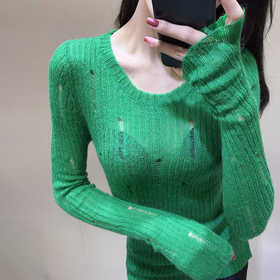 欧洲站2018秋冬新款欧货低圆领打底马海毛毛衣女破洞修身针织衫潮