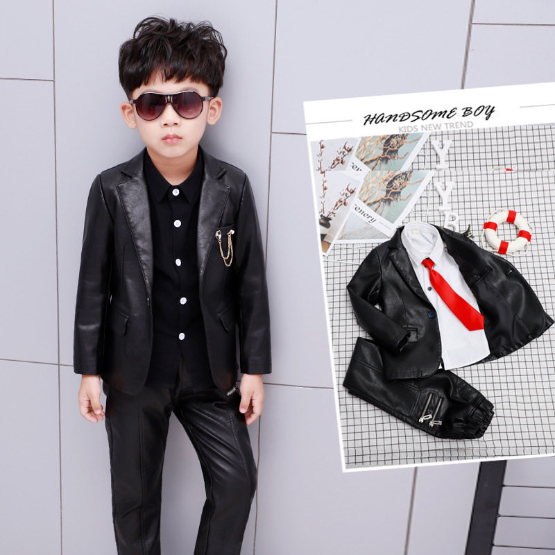 Boy Suit 2018 Autumn models of child PU leather clothing locomotive Blazer coat full dress Two piece set Korean Editionin the Children/Baby/Family fitted , Coat/Jacket/Overcoat , Jacket/Leather clothing category - from Buy2taobao.com to provide professional Taobao agent buy service