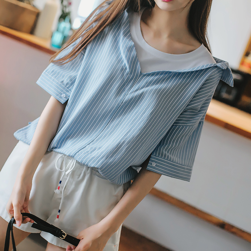 2019夏季新款韩版小清新假两件条纹短袖衬衫女宽松学生纯棉衬衣在类目 女装/女士精品, 衬衫中 - 来自Buy2taobao.com提供专业的淘宝代购服务