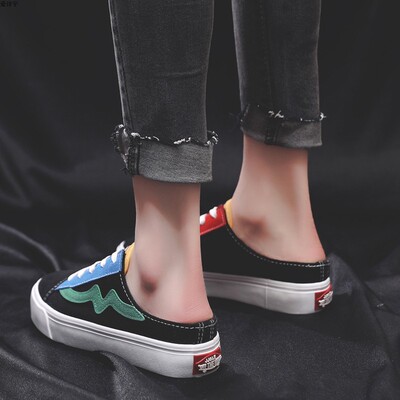 2018新款夏无后跟帆布鞋女鞋子平底透气半拖鞋女式拼色懒人鞋板鞋