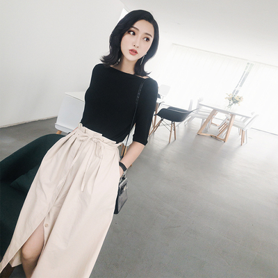 MC2018夏季新品一字领露肩休闲中袖纯色打底t恤上衣时尚女装网红