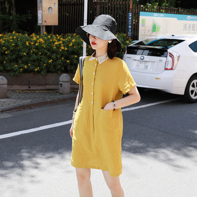 花栗鼠小姐 棉麻连衣裙女夏2018新款宽松短袖纯色裙子学生衬衫裙