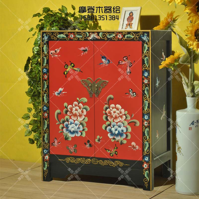 藏式彩繪二門鞋櫃儲物櫃洗手台客廳玄關櫃餐邊櫃中式仿古實木家具在類目 住宅傢俱, 櫃類, 鞋櫃中 - 來自Buy2taobao.com提供專業的淘寶代購服務