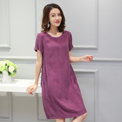 宽松重磅铜氨丝连衣裙女2019夏新款真丝短袖大码气质纯色中长裙潮