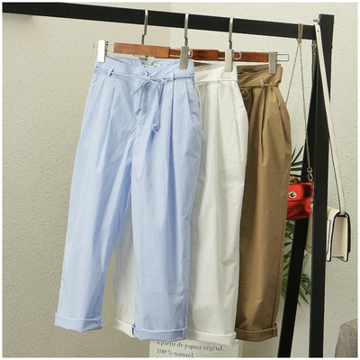 淘淘衣裳 夏季新品薄款高腰系带简约九分裤女33937