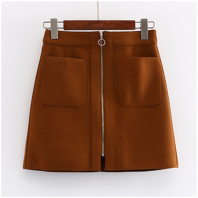 淘淘衣裳 秋冬季新品纯色拉链包臀毛呢裙短裙女39431