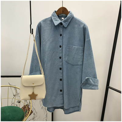 包邮 春季新款韩版灯芯绒POLO领开衫宽松长袖衬衫上衣女66200