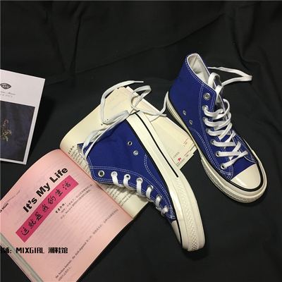 chic经典街拍风板鞋小众宝蓝色高帮帆布鞋1970s情侣日系原宿风布