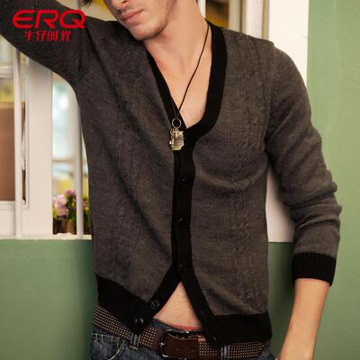 ERQ秋季新品针织开衫男双层针织毛衣线衫 Vi领开衫时尚提花线衫男