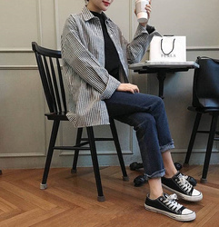 2017韩版女装春装新款chic风简约百搭宽松竖条纹磨毛长袖衬衫外套