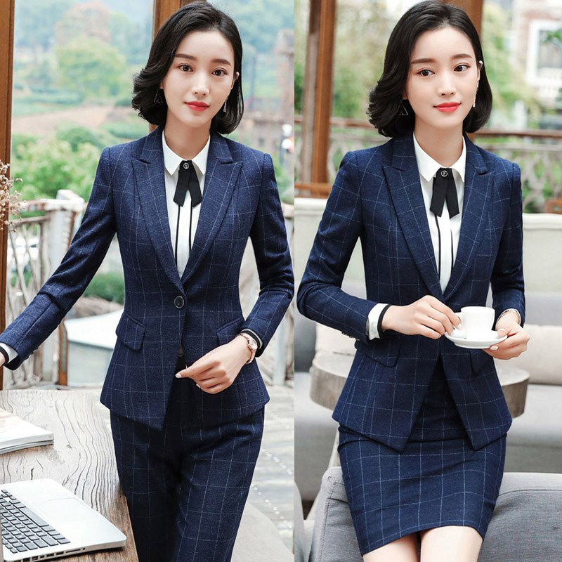 女士女套裙职业装格子西装春秋时尚气质深蓝色工作服正装西服套装在类目 女装/女士精品, 套装/学生校服/工作制服, 职业女裙套装中 - 来自Buy2taobao.com提供专业的淘宝代购服务