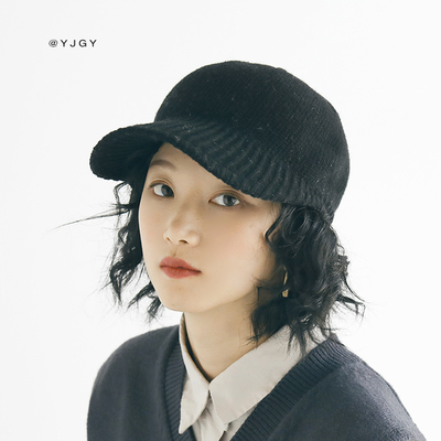 印计谷羽 鸭舌帽女秋冬休闲百搭羊毛混纺棒球帽螺纹帽檐针织文艺