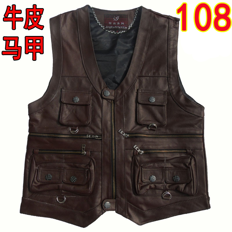 Autumn and winter cowhide Leather vest Men's First layer of skin vest Middle and old age outdoors Go fishing the elderly Multi-pocket sheep waistcoatin the Men's clothing, Vest/Vest category - from Buy2taobao.com to provide professional Taobao agent buy service